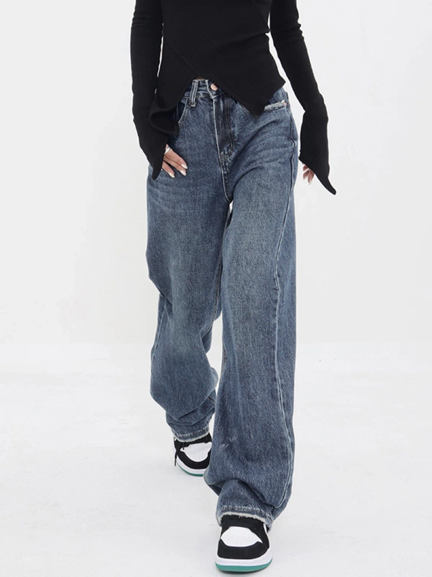 Patchwork Pockets Denim Wide Leg Boyfriend Jeans