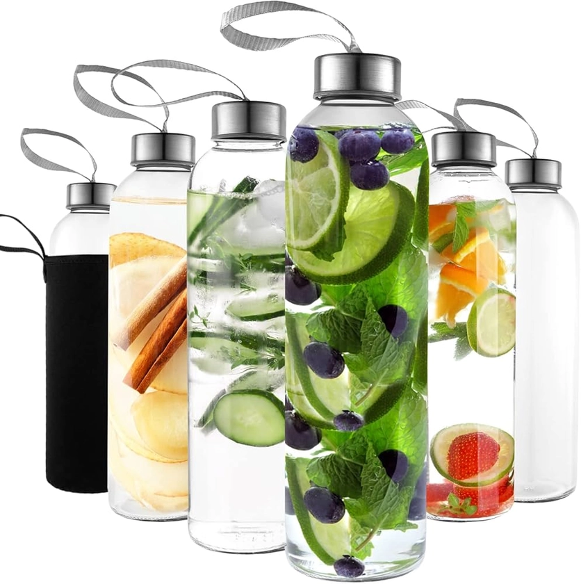 18oz Glass Water Bottles – Pack of 6 Nylon Protective Sleeves, Airtight Screw Top Lids, Portable Carrying Loops - Lead, PVC and BPA Free - Water, Milk, Smoothie, Juice Beverage Glasses