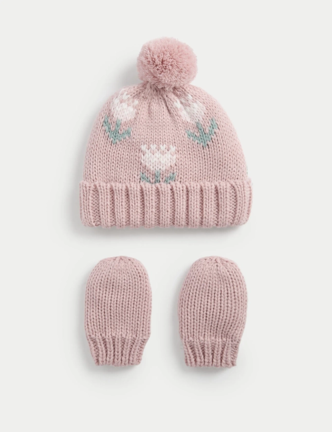 Floral Hat and Mitten Set (0 Mths-3 Yrs) | M&S Collection | M&S