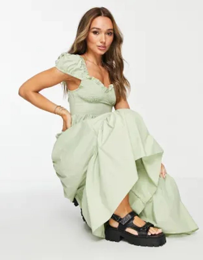 ASOS DESIGN - Robe mi-longue froncée au niveau du buste avec jupe à volants - Vert sauge | ASOS