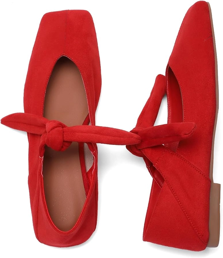 Amazon.com | Riekhany Square Toe Ballet Flats for Women Bow Mary Jane Flats Slip On Dress Ballerina Shoes Red Suede | Flats