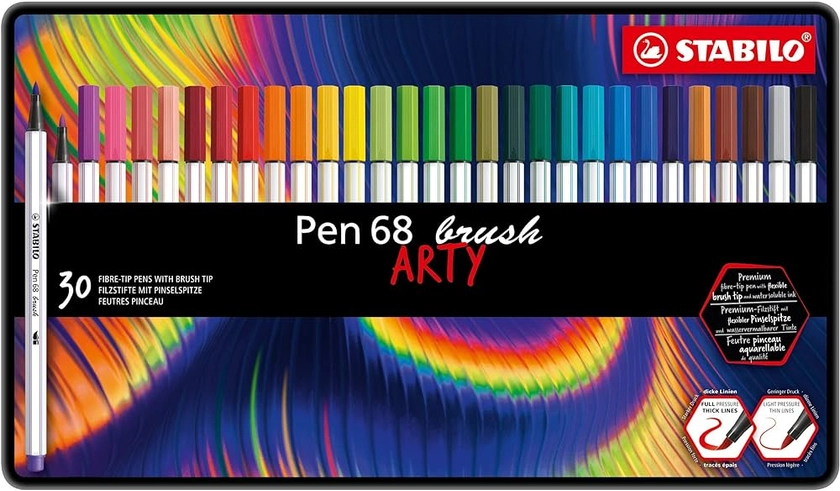 Feutre pinceau - STABILO Pen 68 brush - Boite métal ARTY x 30 feutres dessin à pointe pinceau - gamme STABILO ARTY