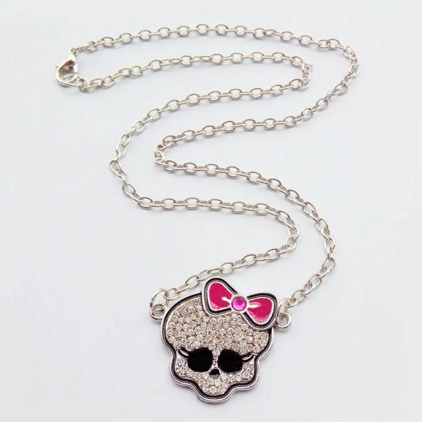 Rhinestone skull skeleton necklace for teenage girls pink anime necklace funny kids jewelry cute kawaii y2k aesthetic