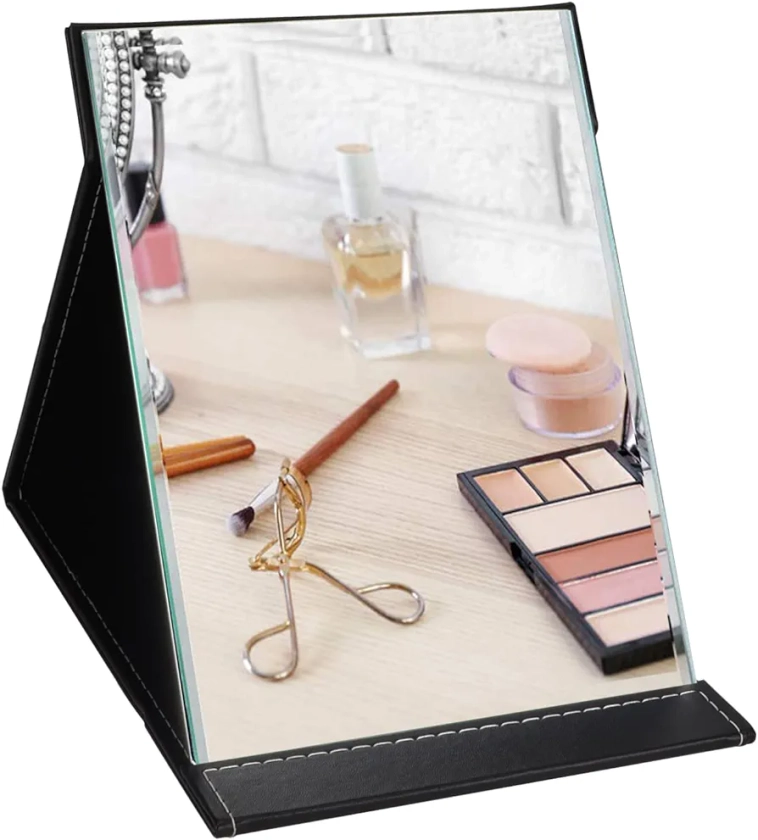 ZBEIVAN 10x7 Inches Portable Folding Makeup Mirror with Cosmetic Desktop Standing for Travel, Vanity Table, Room Decor, Beauty Gifts, Black