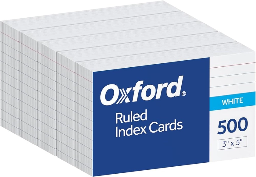 Oxford Lot de 500 cartes d'index, 7,6 x 12,7 cm, lignées sur le devant, vierges au dos, blanc, 5 paquets de 100 cartes emballées sous film rétractable (40176)