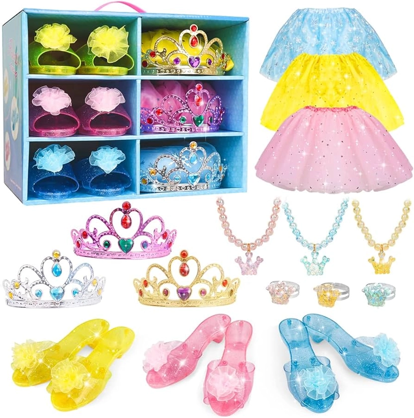 Princess Dress Up Shoes - Girls Princess Toys Costume with 3 Crowns Tiaras, 3 Pairs of Play Shoes, 3 Skirts Princess Accessories for Girls Birthday Gifts for Kids : Amazon.co.uk: Toys & Games