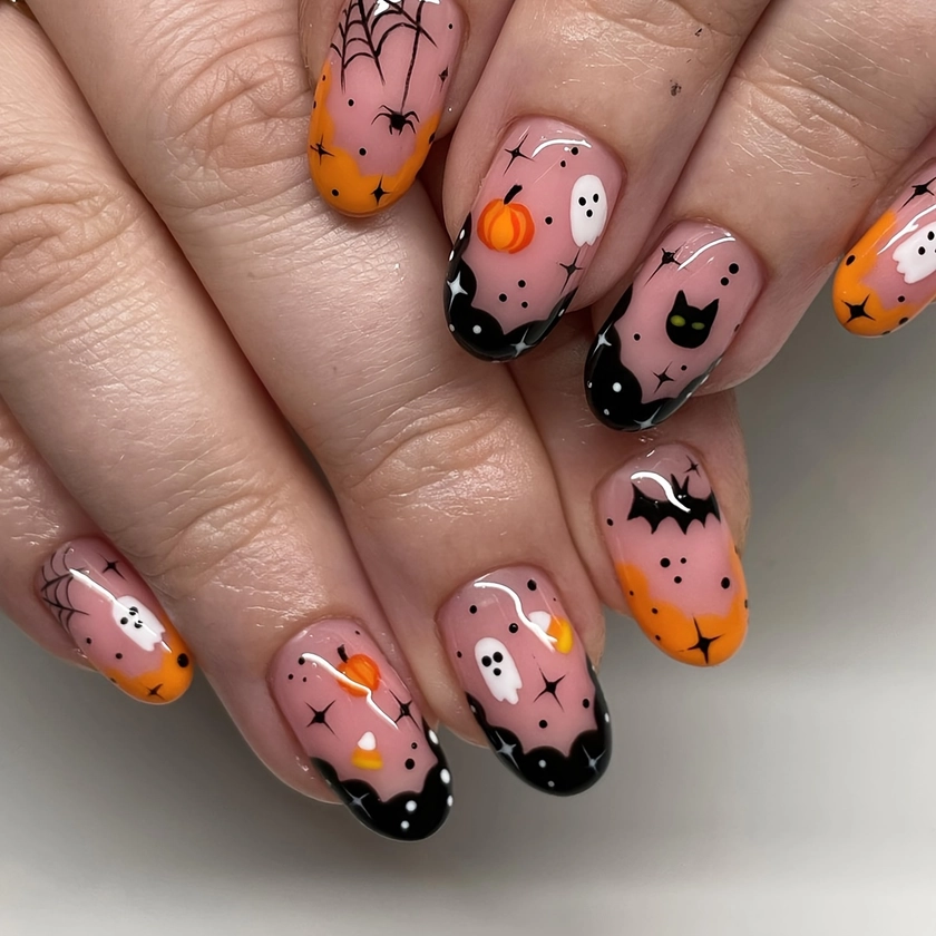 24pcs Halloween Short Almond Press On Nails, Black Spider Web & Bat Design, Ghost & Pumpkin Accents * Nail Tips, Removable Full Cover Artificial Na