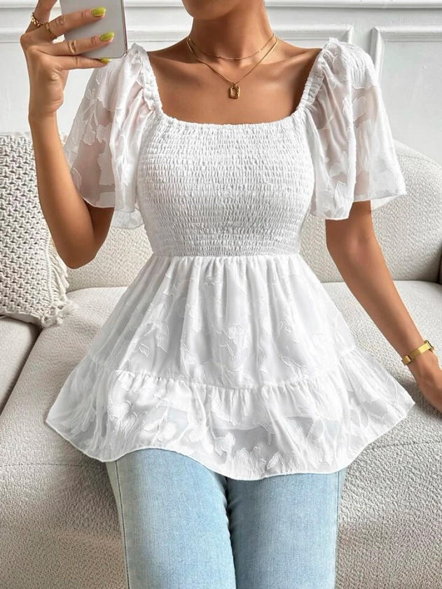 SHEIN Privé Square Neck Puff Sleeve Peplum Blouse