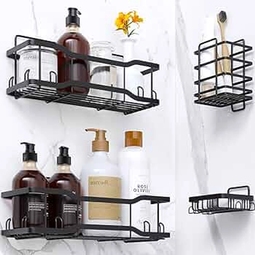 Shower Caddy Bathroom Shelves, The Athena Silken Black 4 Set, 40LB Capacity, Adhesive Tape - No Drill-Rustproof -Gorgeous Powder Coated 304 Stainless Steel Shower Organizer for kitchen and Home Decor