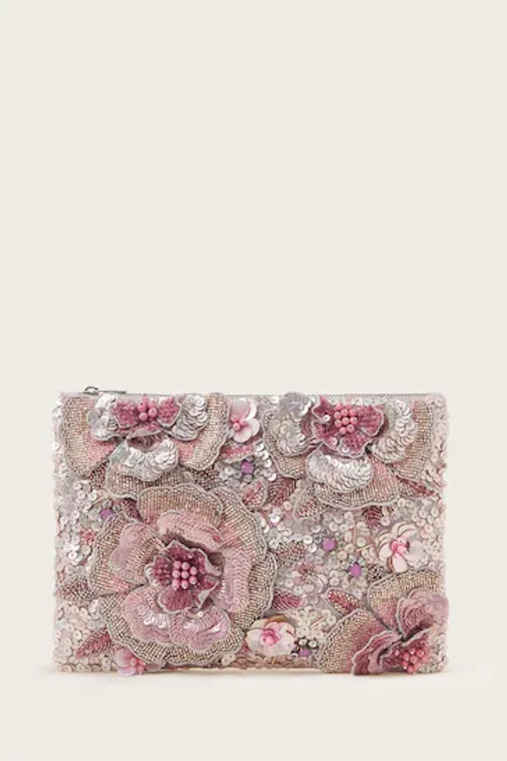 Monsoon Pink Hand-Embellished 3D Flower Pouch