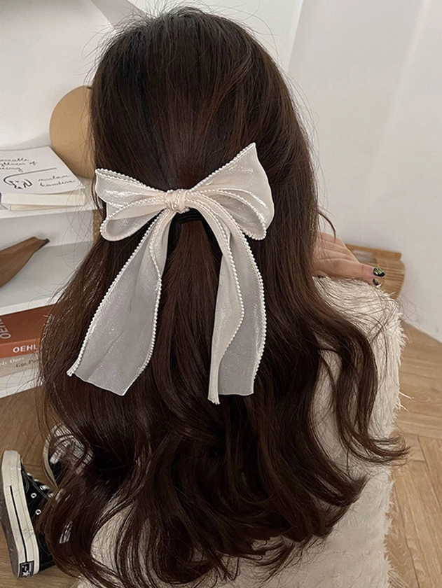 1 peça Presilha de Cabelo de Malha com Bordas de Pérolas e Laço com Fita para Mulheres, Acessórios de Cabelo Elegantes e Estilosos, Ideais para Viagens, Fotografia e Uso Diário