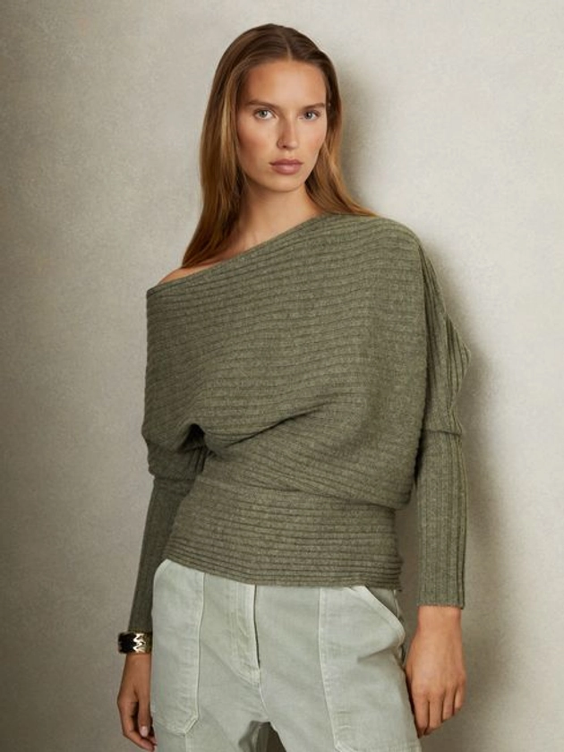 Wool-Cashmere Off-The-Shoulder Draped Top in Sage - REISS