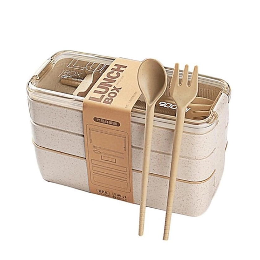 900ml Portable Lunch Box 3 Layer Wheat Straw Bento Boxes Microwave Dinnerware Food Storage Container Foodbox 1set 2024 - AU $32.73