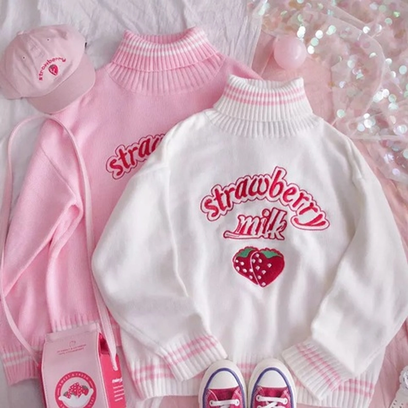 FREE SHIPPING: Harajuku Sweet Embroidery Strawberry Turtleneck Pullovers Sweet Embroidery Strawberry Oversized Loose Pullover Sweater