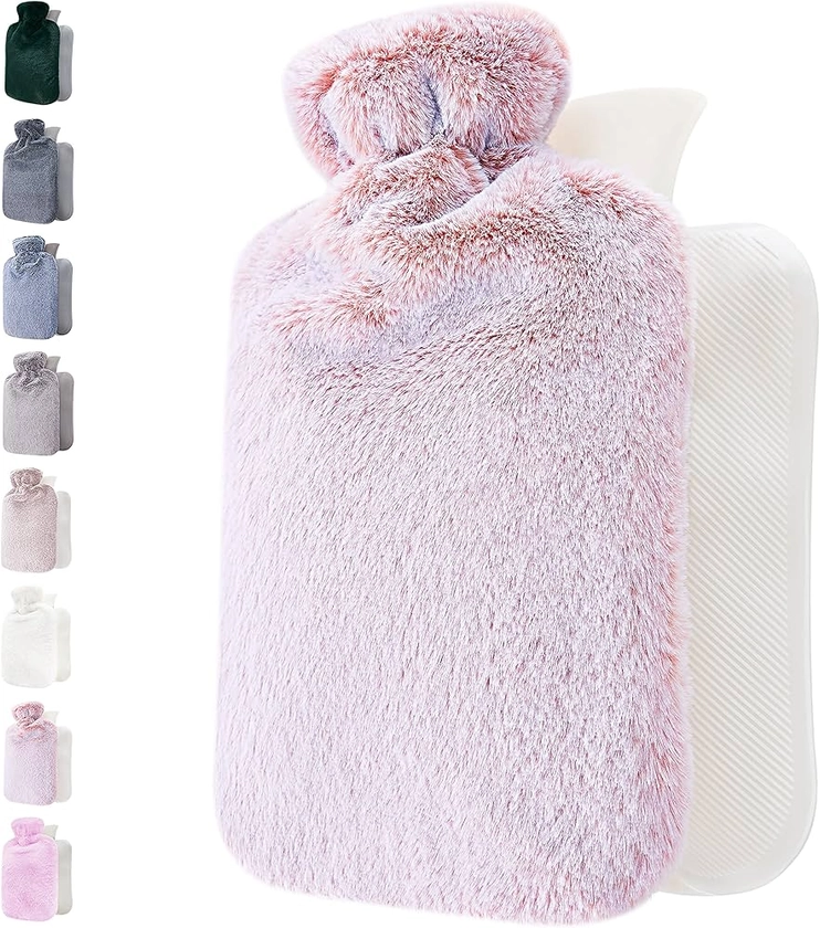 Bouillotte avec Housse en Peluche - Housse en Peluche Moelleuse et Douce - Grande Capacité 1,8 L - Bouillotte Eau Chaude pour Soulagement de la Douleur, Dos, Cou et Épaules & Nuits Chaudes Cosy - Rose