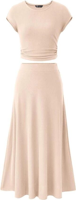 PRETTYGARDEN Womens 2 Piece Casual Knit Short Sleeve Crop Top High Waist Midi Skirt Set