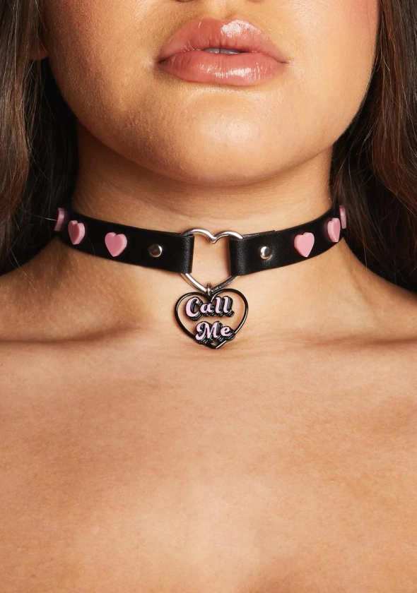 Vegan Leather Heart Call Me Choker - Black/Pink