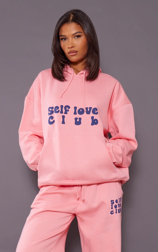 Pink Self Love Club Graphic Puff Print Oversized Hoodie