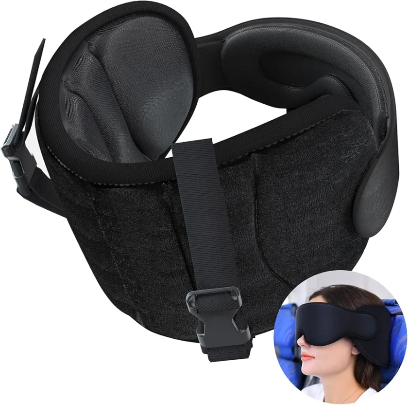 Travel Pillows for Airplanes, Airplane Pillow for Long Flight, Airplane Head Strap with Eye Mask for Sleep, Travel Neck Pillow for Car Road Trip, 360° Support Headrest, Stop Bobblehead, Black