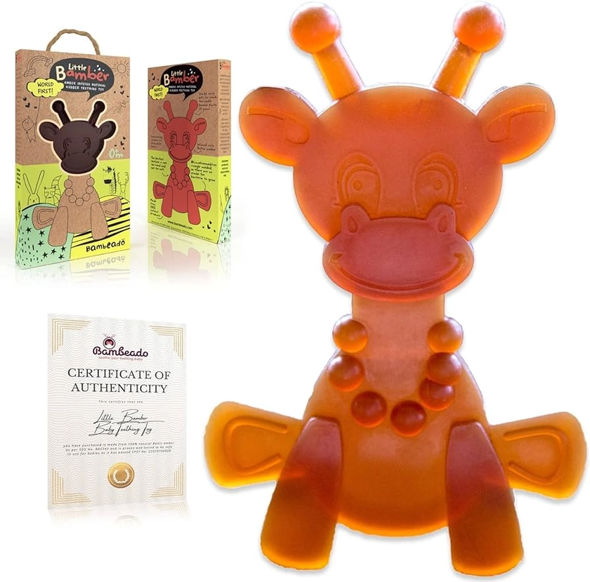 Amber Oil Baby Teething Toy – Little Bamber, Natural Amber, Teething Relief Rubber Giraffe Teething Toy, Special Baltic Teether Toy for Sore Gums – Alternative to Amber Teething Necklace (Brown)