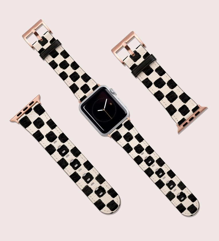 Checkered Black Hand Drawn Retro Band, For Apple Watch, 41mm 40mm 38mm 42mm 44mm, Vegan Leather Smartwatch Band, Watch Band Rose Gold, Gift