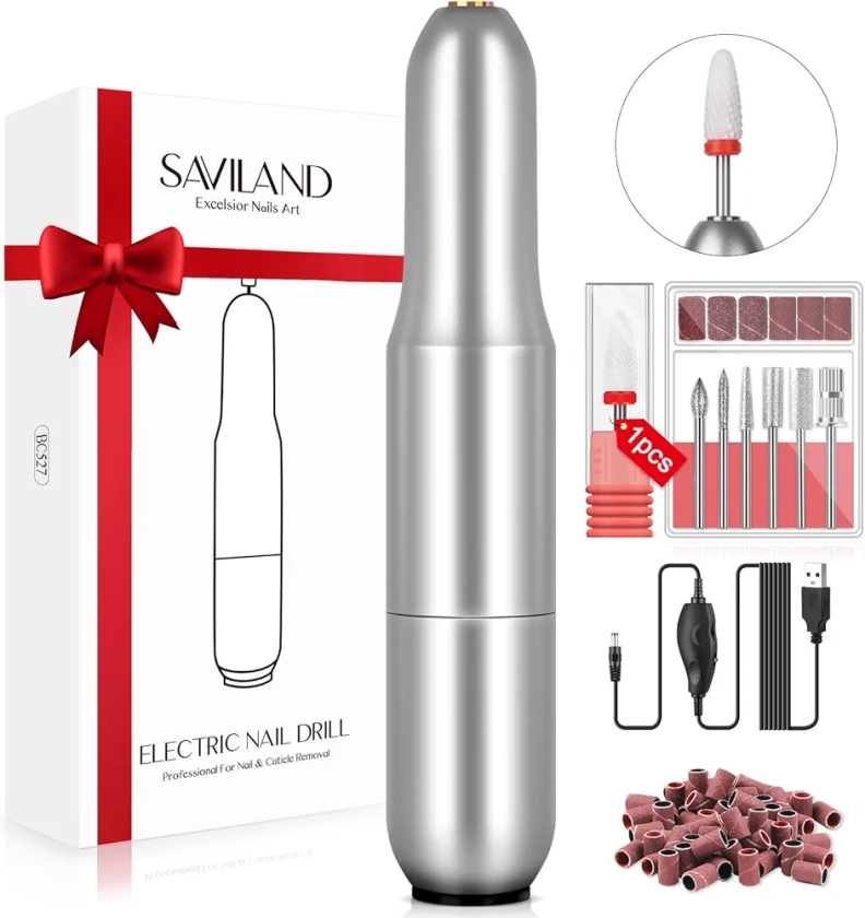 SAVILAND Portable Electric Nail Drill Machine - 20000 RPM USB Electric Nail File with 7 Nail Drill Bits and 51 Sanding Bands for Polishing and Removing Nail Manicure Tools Home Salon Use, Silvery
