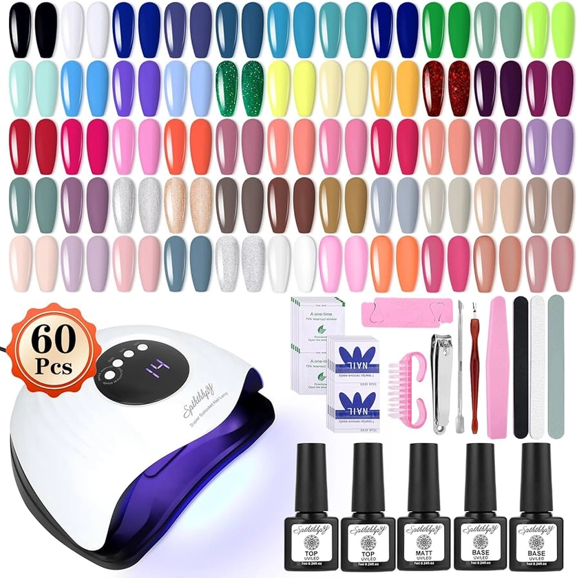 SPTHTHHPY 60 Gel Nail Polish Set with Lamp Starter Kit - 55 Colors Gel Nail Polish with 5 Bottles of Base and Top Coat (Glossy, Matte) - Diy Manicure Tool Gift for Beginners at Home