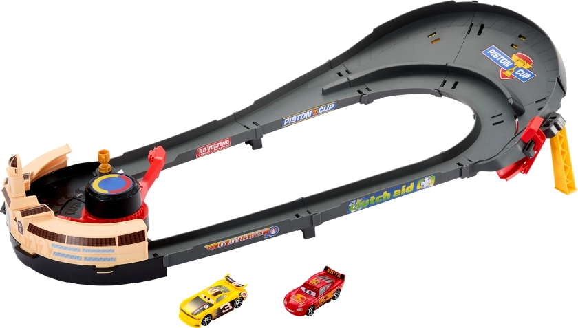 Disney and Pixar Cars NASCAR Lane Change Race Playset with 2 Toy Vehicles, Includes Lightning McQueen