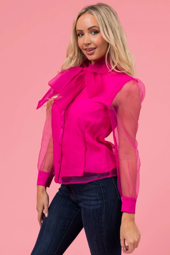 Magenta Organza Fabric Button Up Neck Tie Blouse