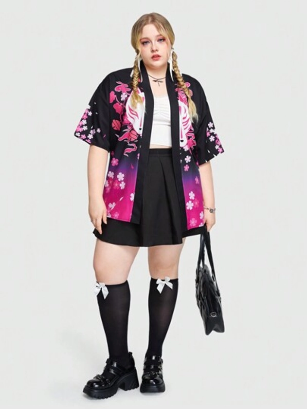 J-Fashion Japanese Style Fox Mask & Cherry Blossom Print Ombre Plus Size Shirt, Kimono Style
