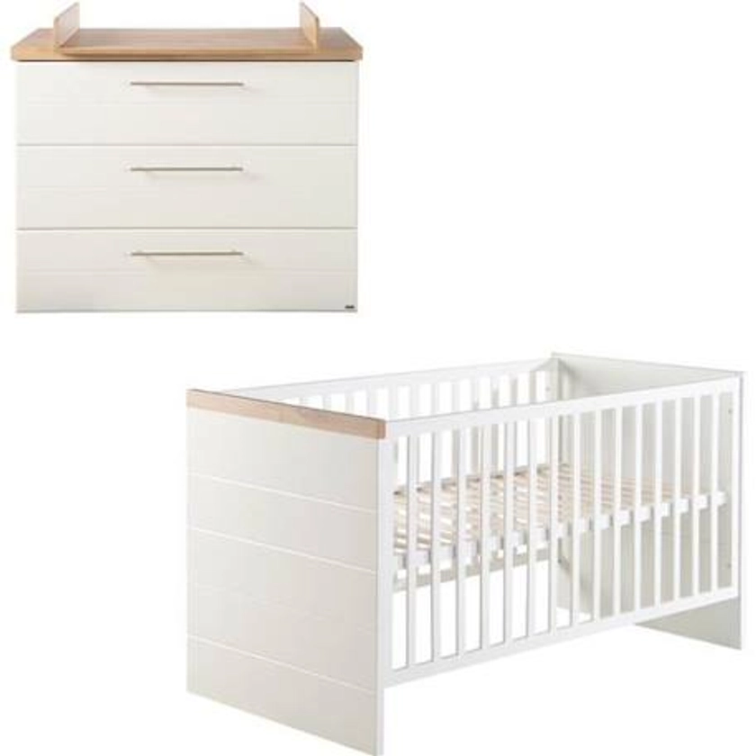 Chambre Bébé Duo ROBA Nele - Lit Évolutif 70x140 cm + Commode à Langer - Blanc / Décor Chêne