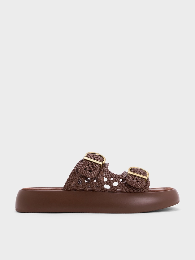 Brown Woven Double-Strap Buckled Sandals | CHARLES & KEITH