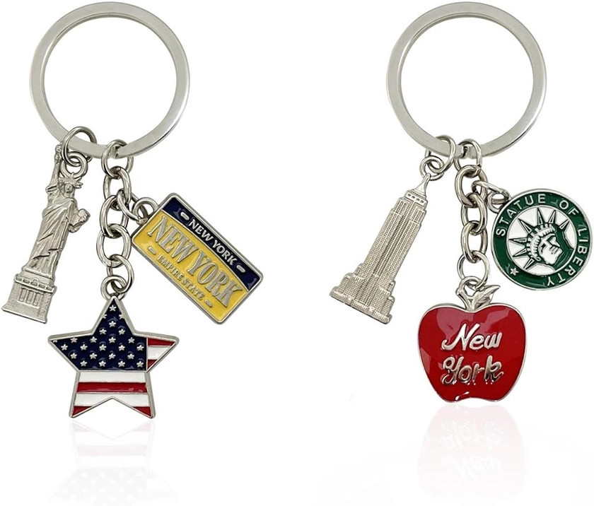 NYC Metal Keychain, New York Souvenir Color Key Ring, 2 Pack, The Statue Of Liberty, USA Flag, The Big Apple