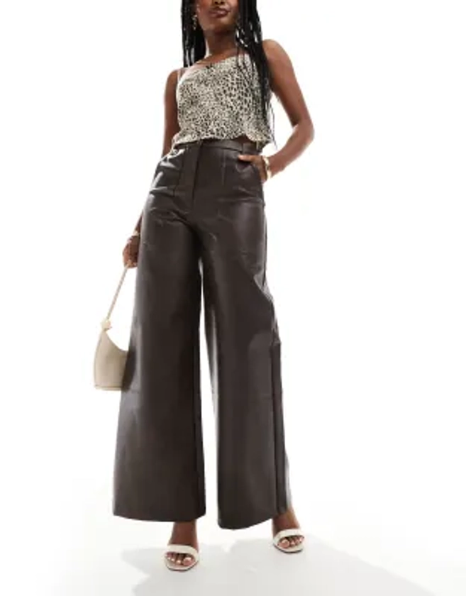 Bardot faux leather wide leg trousers in dark chocolate