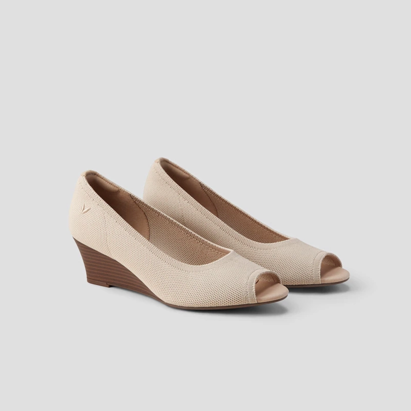 Tamia Peep Toe Wedge in Almond-Sustainable & Stylish | VIVAIA