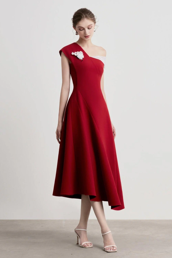 Hazel A-line Asymmetric Sleeved Punto Midi Dress