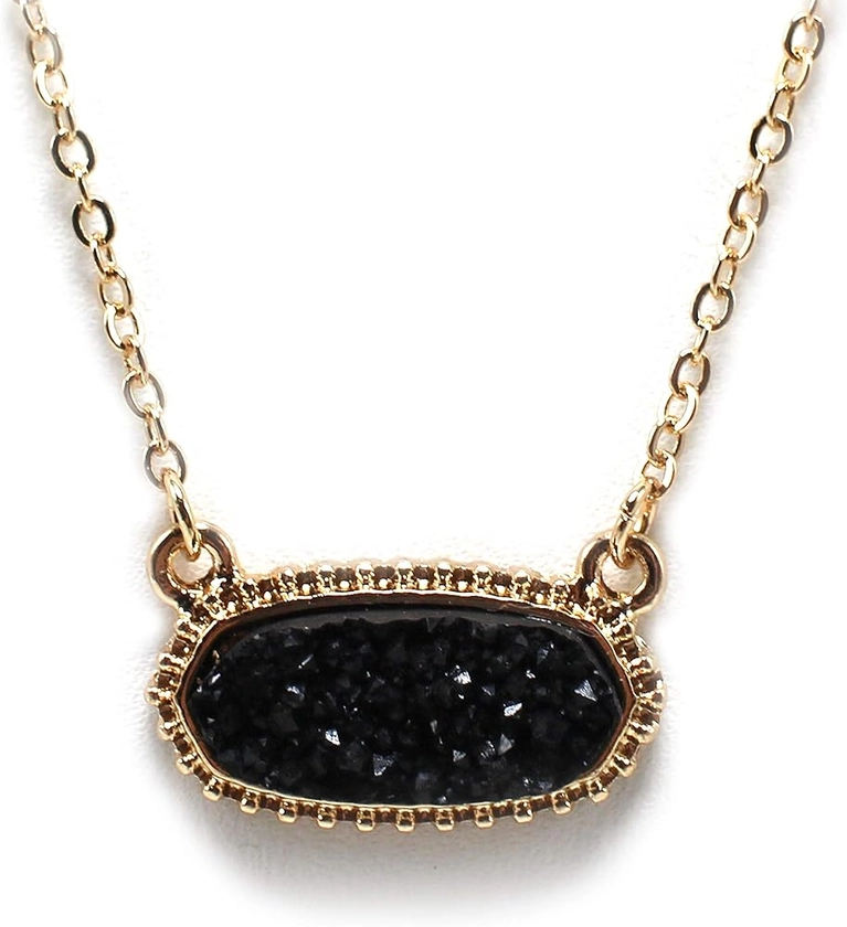 Faux Druzy Stone Light Weight Fashion Trendy Pendant Necklace for Women and Girls… (BLACK-OVAL)