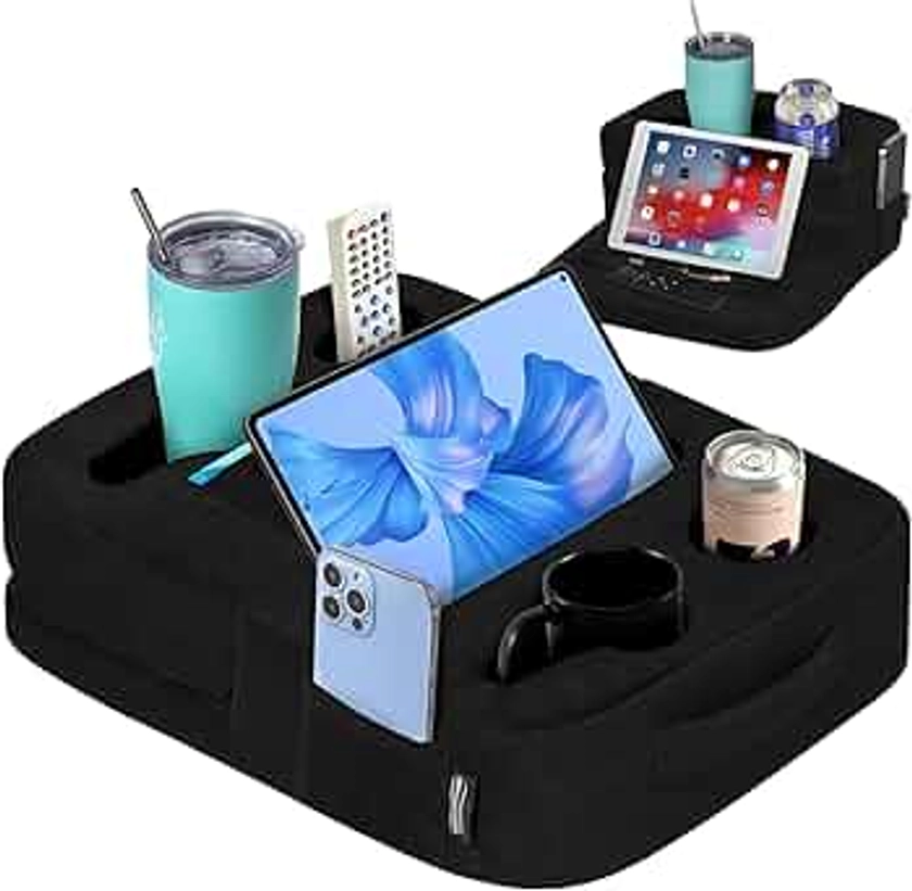 Couch Cup Holder Tray & Tablet Pillow Stand - Bed, Couch Caddy, Sofa, RV & Car - Holds Drinks, Snacks, Remotes, Phones, Tablet - iPad, Galaxy Tab Compatible | Bed Cup Holder (Black)