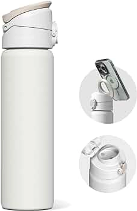 RHINOSHIELD AquaStand Magnetic Bottle 23 oz | Round Mouth Stainless Steel Insulated Water Bottle, Sport Bottle with MagSafe Compatible Handle, Tripod with Adjustable Angles, Leak Proof - Classic White