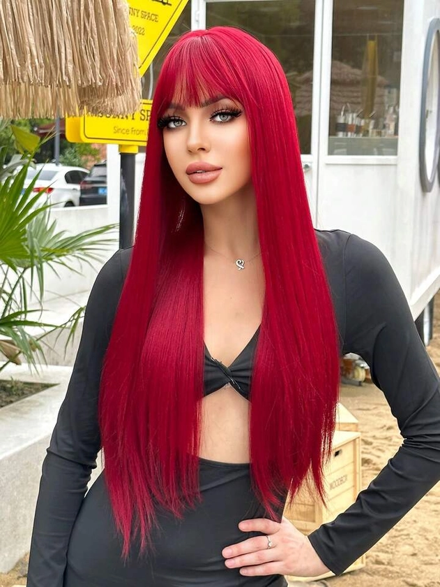26 Inch Synthetic Fiber Party Role Play Straight Hair With Bangs In Red Color, Suitable For Holidays, Parties, Vacation, Casual, Elegant, Simple, Sexy Look, Natural And Smooth, Halloween/Christmas Costume Wigs Resistant To High Temperatures