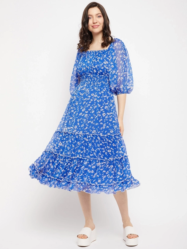 Antheaa Square Neck Floral Printed Smocked Tiered Chiffon Fit & Flare Midi Dress
