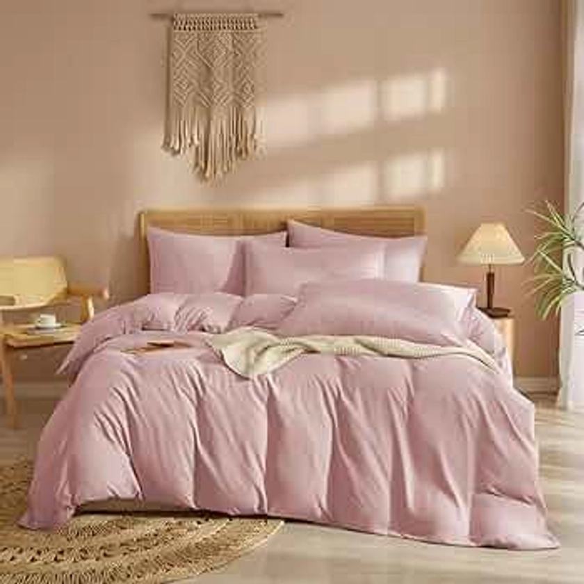 DPNJING Coton Housse de Couette 220x240cm Rose Parure de Lit Adulte Lin Parure Lit 2 Personnes Parure Housse Couette 220x240 Microfibre avec 2 Taies d'oreiller 65x65cm avec Fermeture Éclair