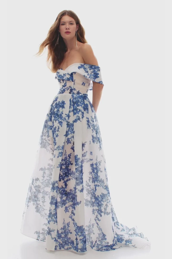 Catchy off-the-shoulder blue hydrangea maxi dress, Garden of Eden