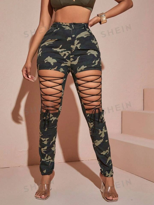Rave Street Camo Print High Waist Criss Cross Drawstring Hollow Out Skinny Ankle Cargo Pants Casual Going Out Trousers