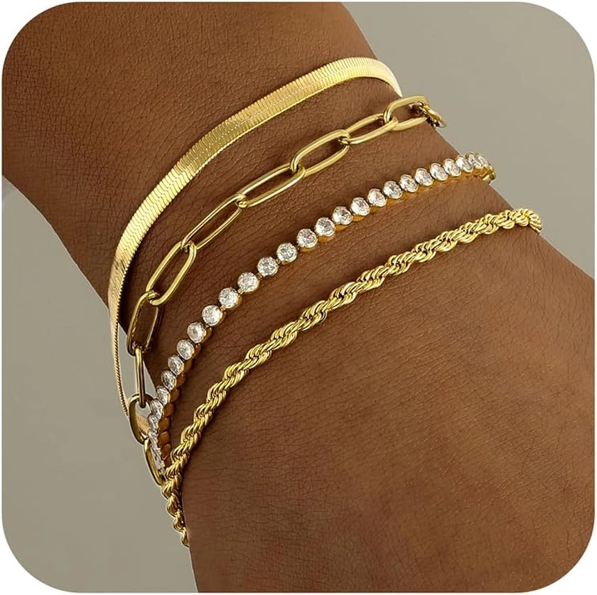 Gold Link Bracelets Sets for Women, 14K Gold Plated Dainty Classic Adjustable Paperclip Layered Bracelets, Fashion Simple Chain Tennis Bracelet with Zirconia, Jewelry Gifts.