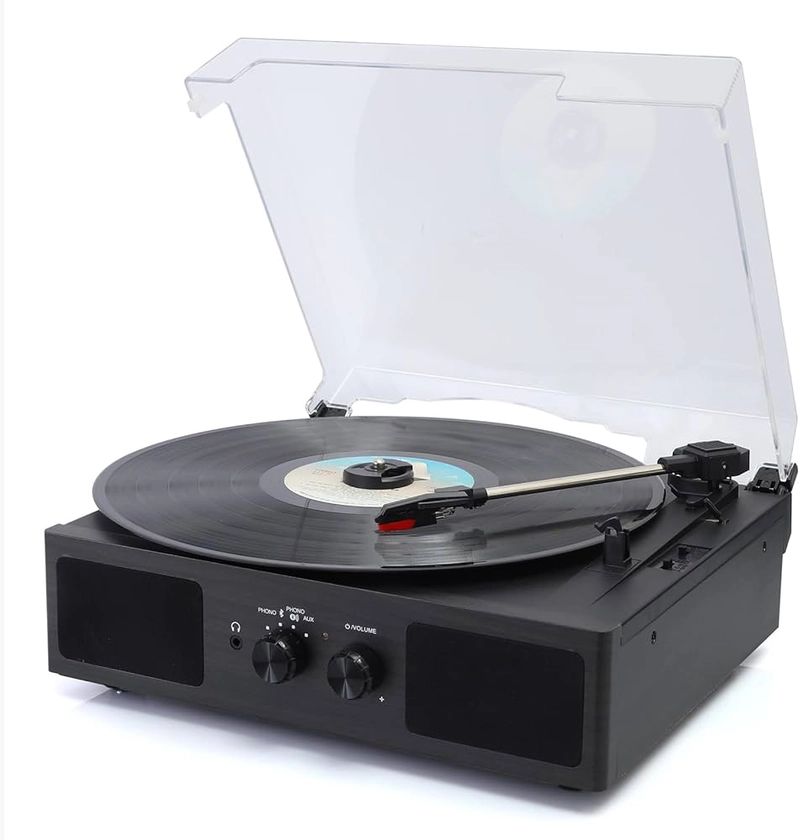 Hernido Vinyl Record Player, Belt-Driven 3-Speed Turntable, Bluetooth Speaker with Input & Output Function, Supports AUX-in, RCA Output, Headphone Jack (Black)