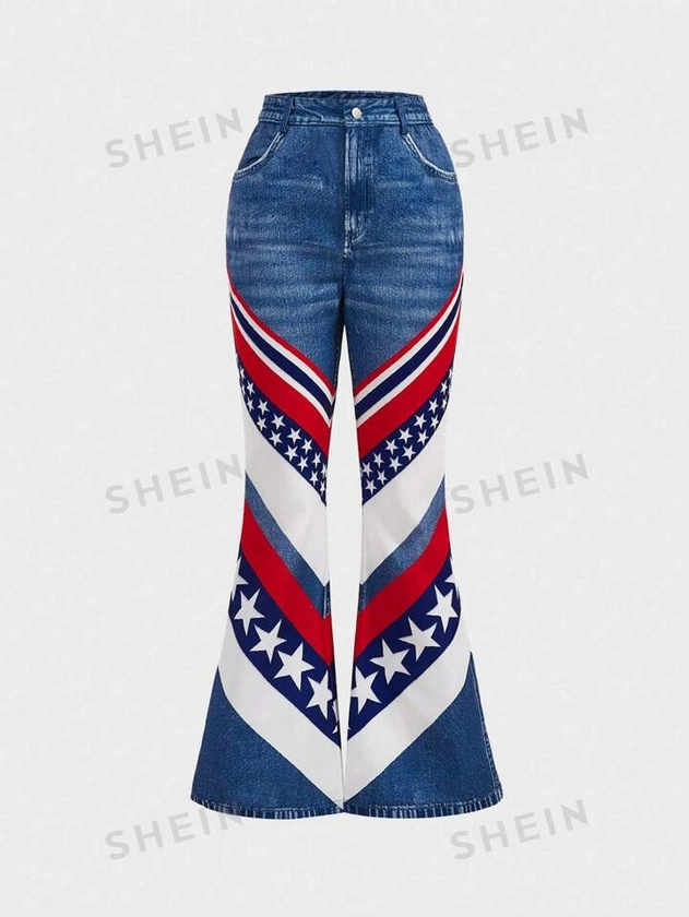 SHEINNeu 4th Of July USA American Flag Women's Colorblock Graphic Printed Flared Pants With Pockets