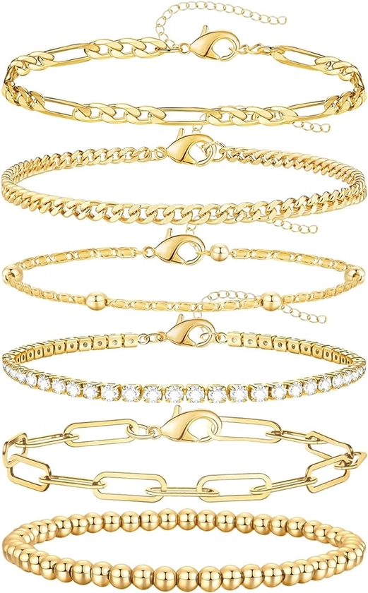 adoyi Dainty Gold Silver Chain Bracelets Set for Women Girls 14K/18K Real Gold Plated Layered Link Chain Bangle Bracelets Pack for Women Adjustable Stackable beaded Bracelets Jewelry Gifts