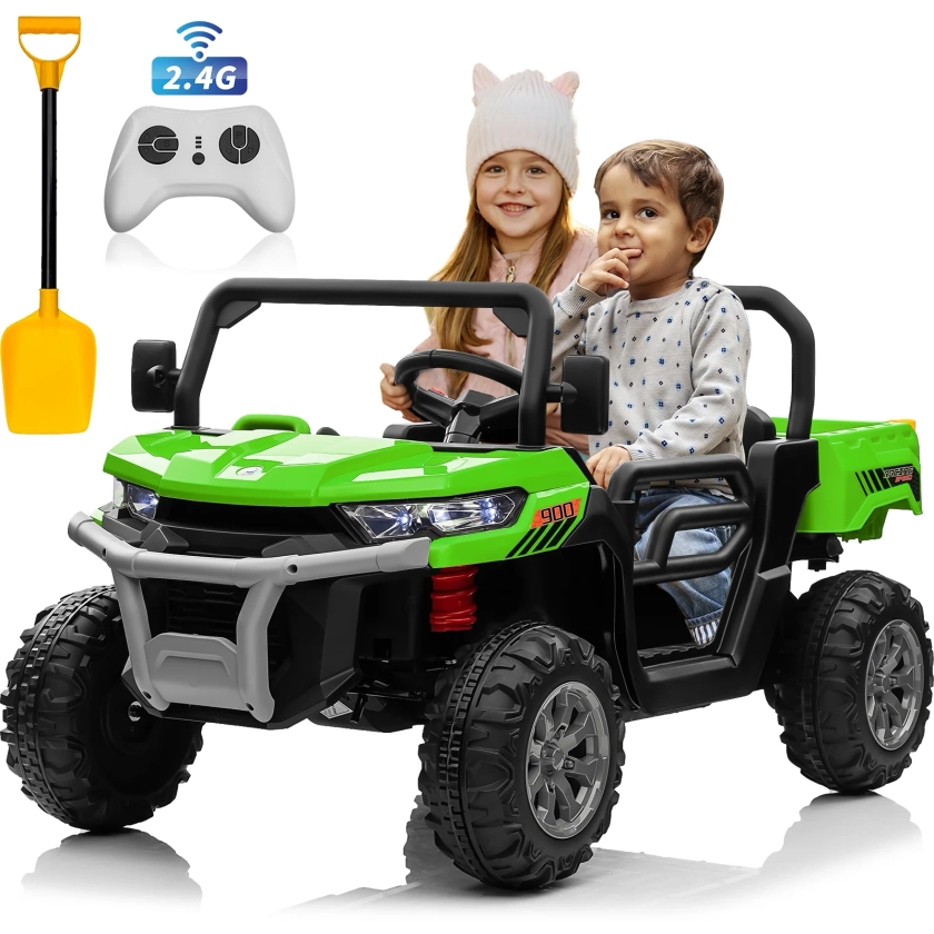 Joyracer 24V Ride on Toys UTV with Remote Control, 2 Seater Ride on Dump Truck, 2x200W Electric Powered 4-Wheeler Toys with Trailer & Shovel, MP3/Bluetooth Music, Big Kids, Green