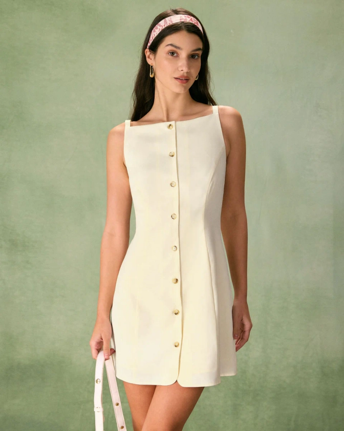 The Beige Boat Neck Button Mini Dress & Reviews - Beige - Dresses | RIHOAS